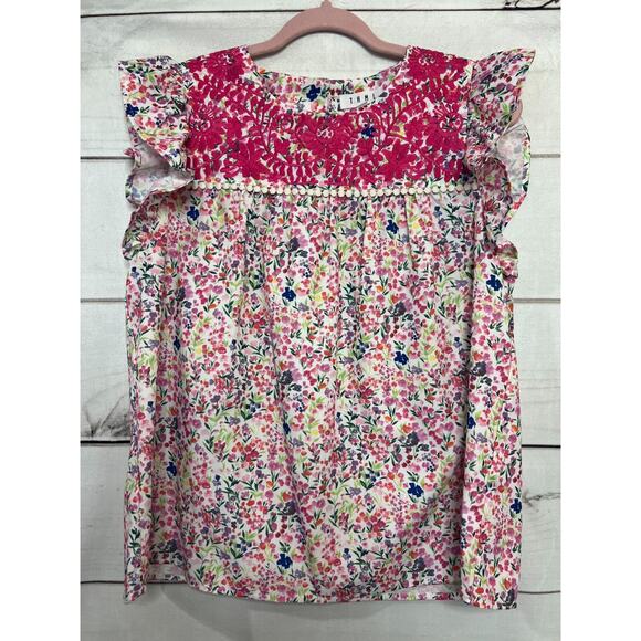 THML Pink and White Floral Print V-Neck Top